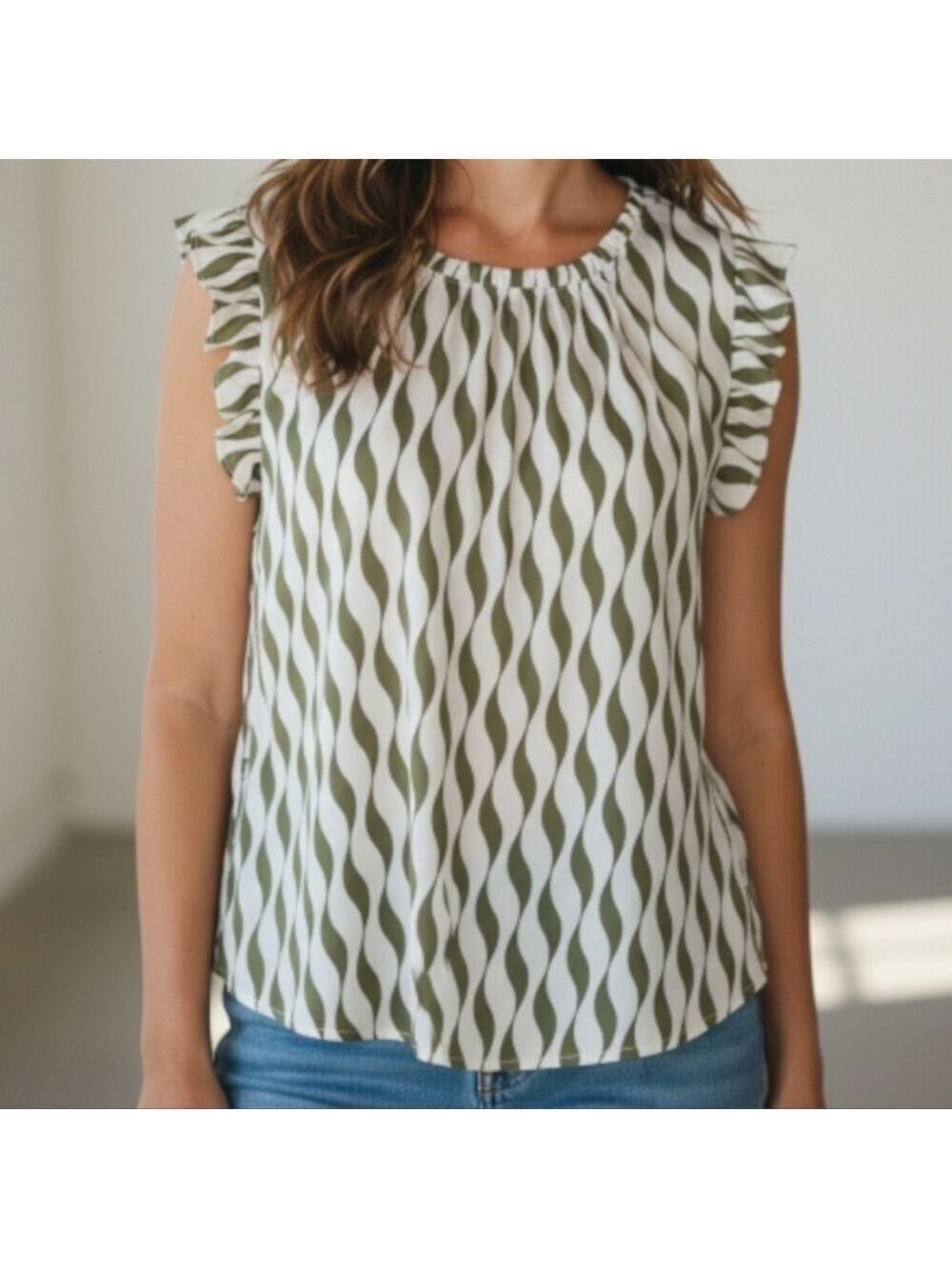 Olive White Wave Pattern Blouse XL